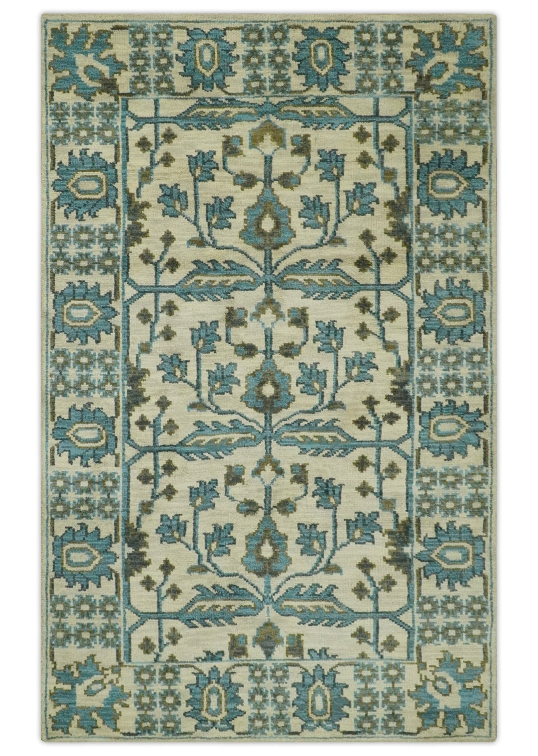 Beige, Teal and Charcoal Traditional Large Design Hand Knotted 5x8 wool Rug - The Rug Decor