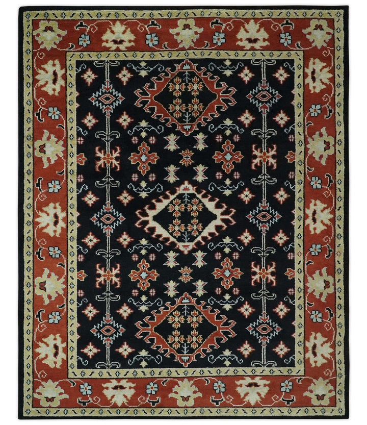 Black, Rust and Beige 8x10 Traditional Oriental Hand Knotted Wool Area Rug - The Rug Decor