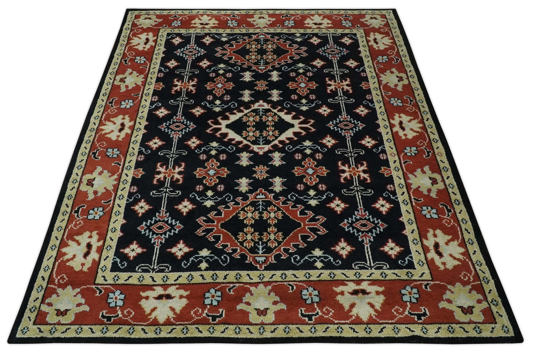 Black, Rust and Beige 8x10 Traditional Oriental Hand Knotted Wool Area Rug - The Rug Decor