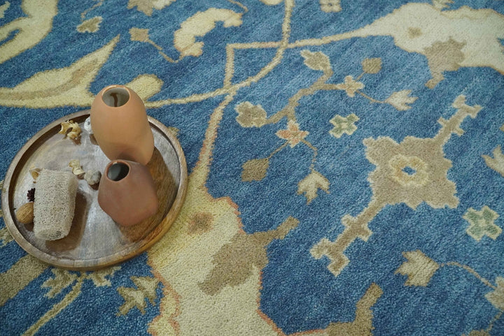 Blue and Beige Hand Knotted Traditional Oriental Oushak 8x10 wool Area Rug - The Rug Decor