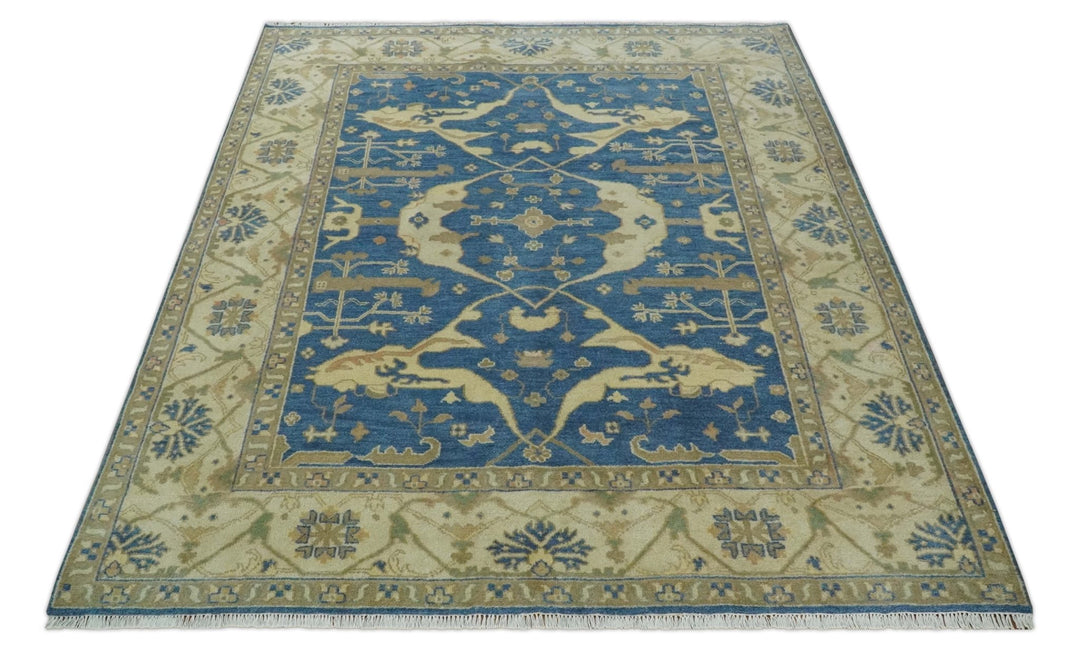 Blue and Beige Hand Knotted Traditional Oriental Oushak 8x10 wool Area Rug - The Rug Decor