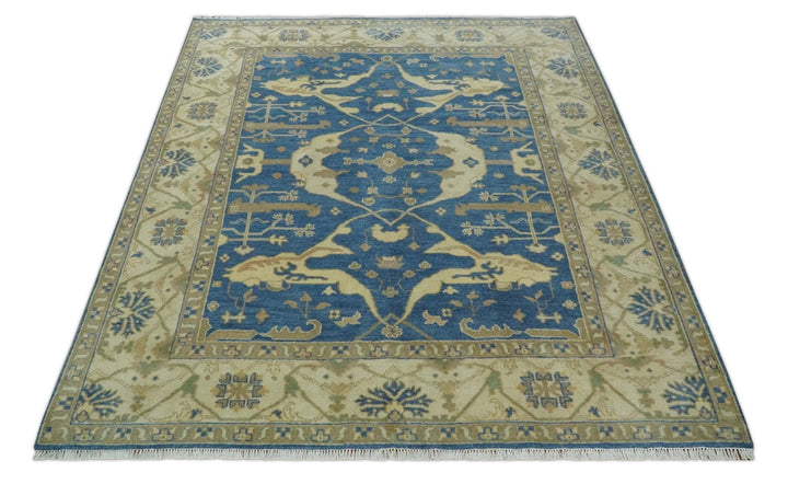 Blue and Beige Hand Knotted Traditional Oriental Oushak 8x10 wool Area Rug - The Rug Decor