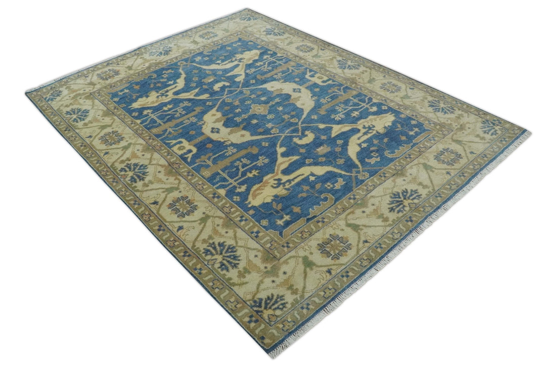 Blue and Beige Hand Knotted Traditional Oriental Oushak 8x10 wool Area Rug - The Rug Decor