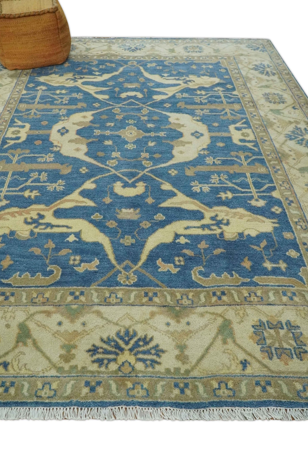Blue and Beige Hand Knotted Traditional Oriental Oushak 8x10 wool Area Rug - The Rug Decor