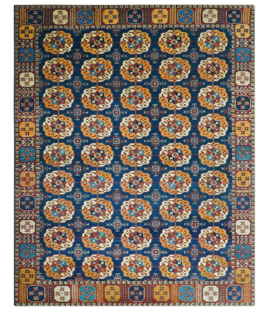 Blue And Mustard Traditional Medallion Design 8x10 Hand Knotted wool Area Rug - The Rug Decor