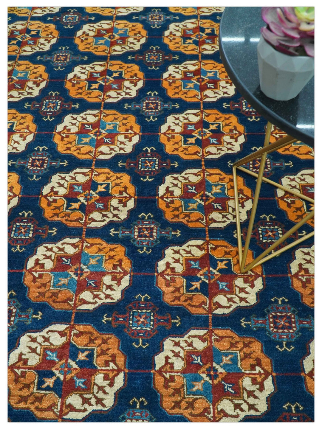 Blue And Mustard Traditional Medallion Design 8x10 Hand Knotted wool Area Rug - The Rug Decor