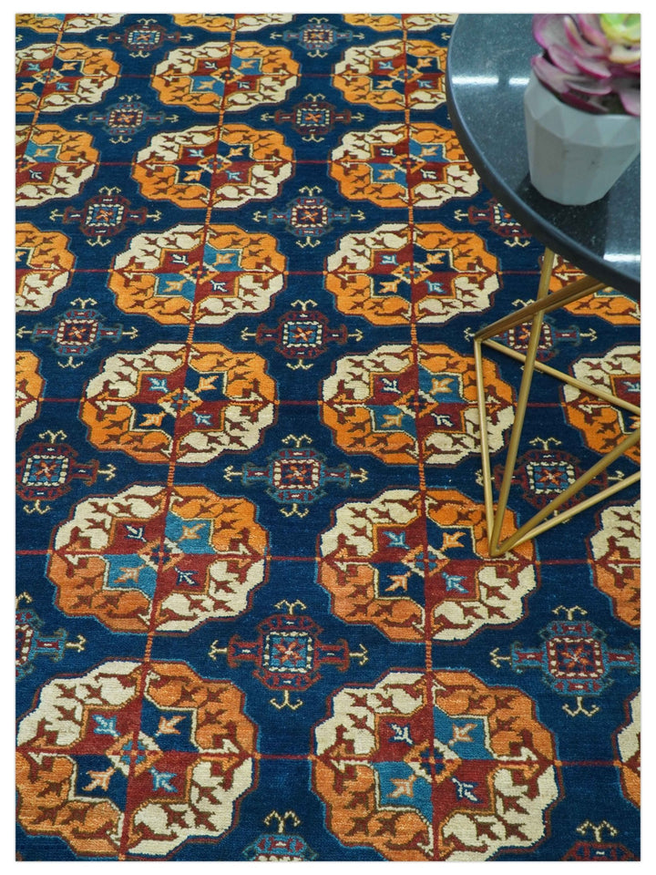 Blue And Mustard Traditional Medallion Design 8x10 Hand Knotted wool Area Rug - The Rug Decor