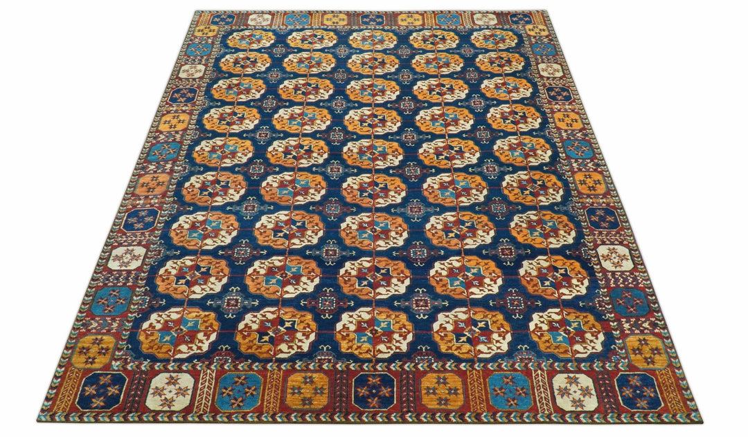 Blue And Mustard Traditional Medallion Design 8x10 Hand Knotted wool Area Rug - The Rug Decor