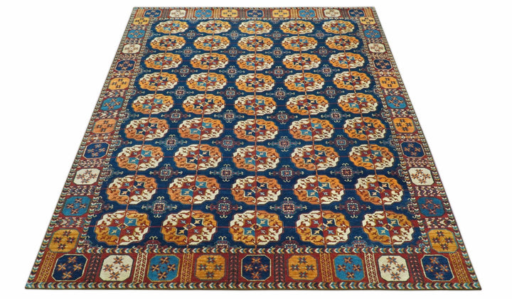 Blue And Mustard Traditional Medallion Design 8x10 Hand Knotted wool Area Rug - The Rug Decor
