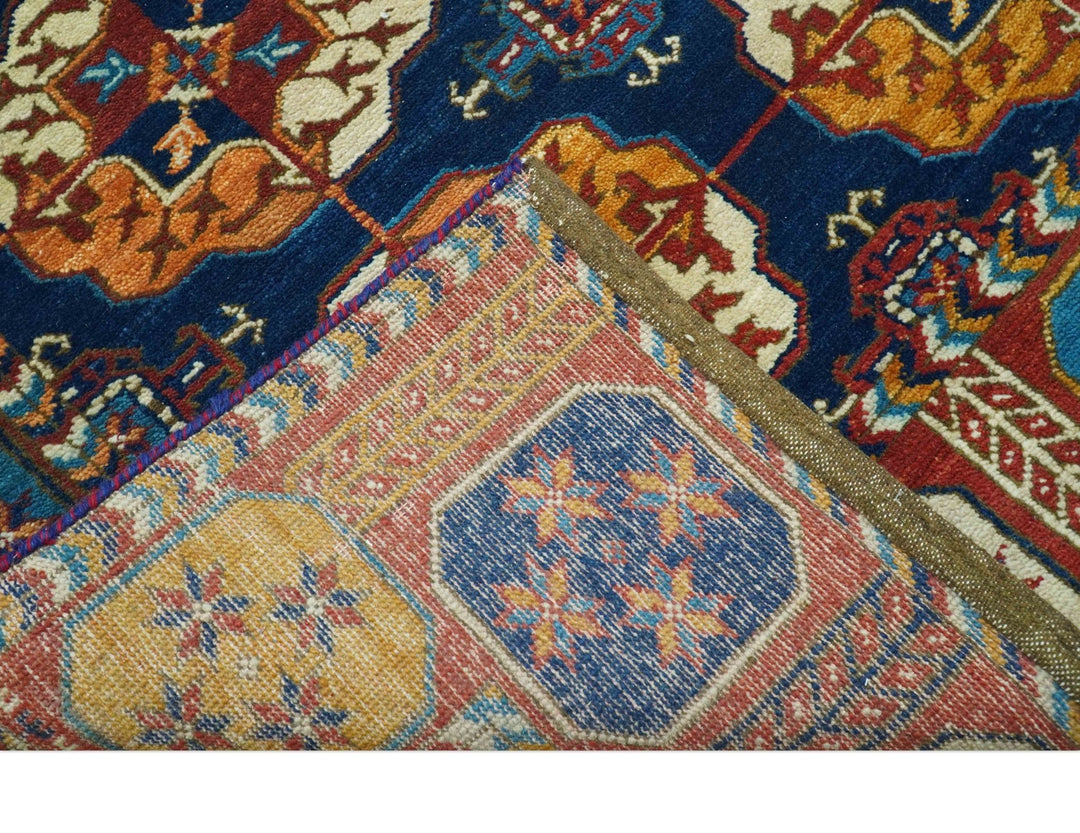 Blue And Mustard Traditional Medallion Design 8x10 Hand Knotted wool Area Rug - The Rug Decor