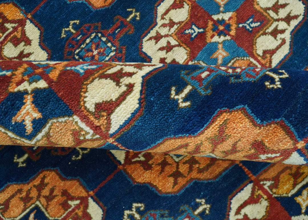 Blue And Mustard Traditional Medallion Design 8x10 Hand Knotted wool Area Rug - The Rug Decor