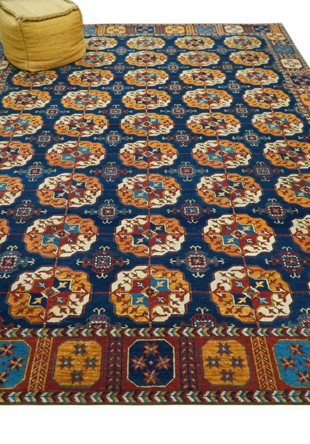 Blue And Mustard Traditional Medallion Design 8x10 Hand Knotted wool Area Rug - The Rug Decor