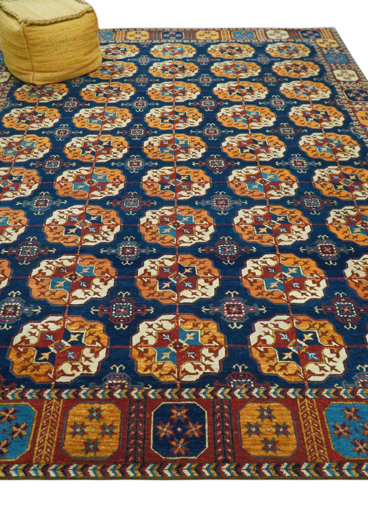 Blue And Mustard Traditional Medallion Design 8x10 Hand Knotted wool Area Rug - The Rug Decor