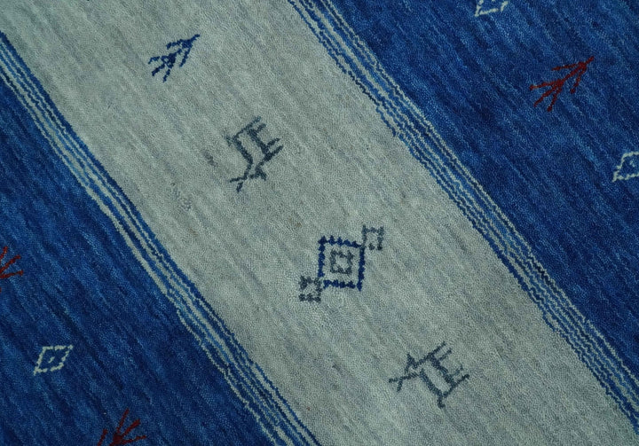 Blue, Gray and Silver Stripes design Hand loom Tribal Gabbeh Traditional 4.6x7 Wool Area Rug - The Rug Decor
