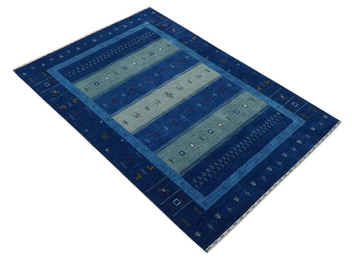 Blue, Gray and Silver Stripes design Hand loom Tribal Gabbeh Traditional 4.6x7 Wool Area Rug - The Rug Decor