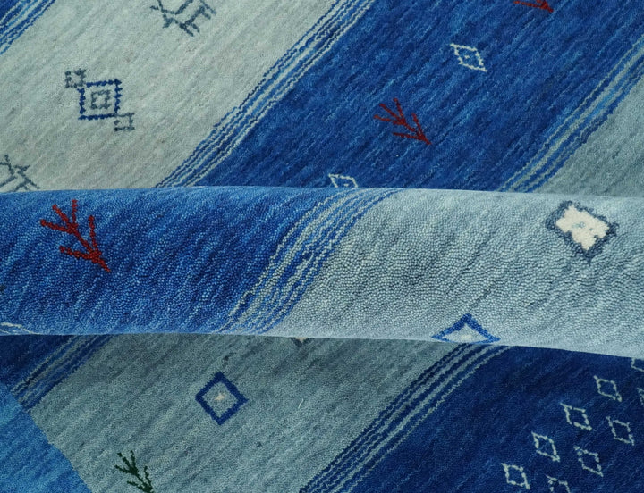 Blue, Gray and Silver Stripes design Hand loom Tribal Gabbeh Traditional 4.6x7 Wool Area Rug - The Rug Decor