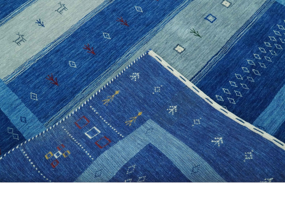 Blue, Gray and Silver Stripes design Hand loom Tribal Gabbeh Traditional 4.6x7 Wool Area Rug - The Rug Decor