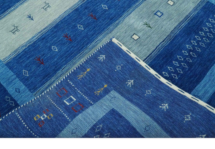 Blue, Gray and Silver Stripes design Hand loom Tribal Gabbeh Traditional 4.6x7 Wool Area Rug - The Rug Decor