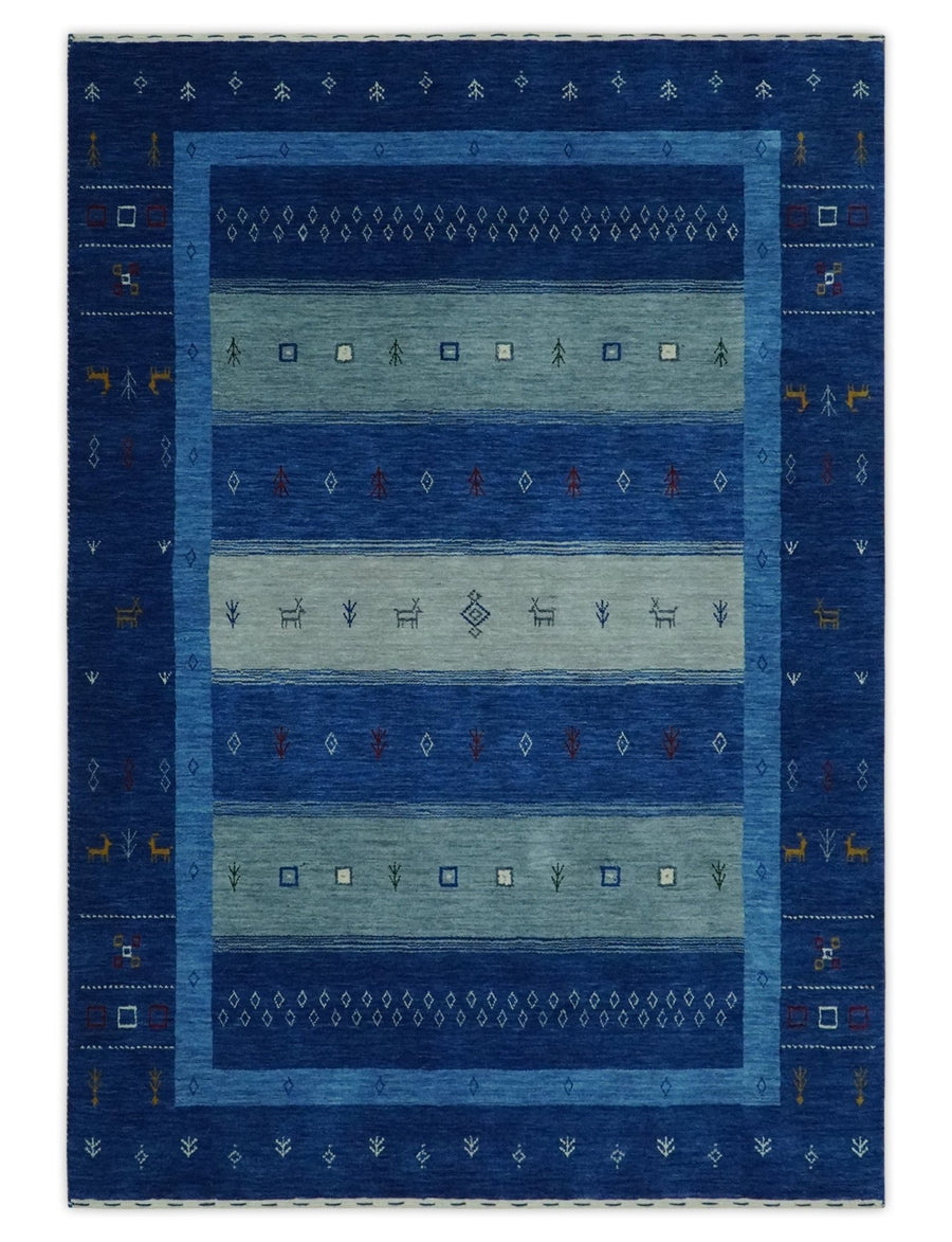 Blue, Gray and Silver Stripes design Tribal Gabbeh Traditional Custom Made Wool Area Rug - The Rug Decor