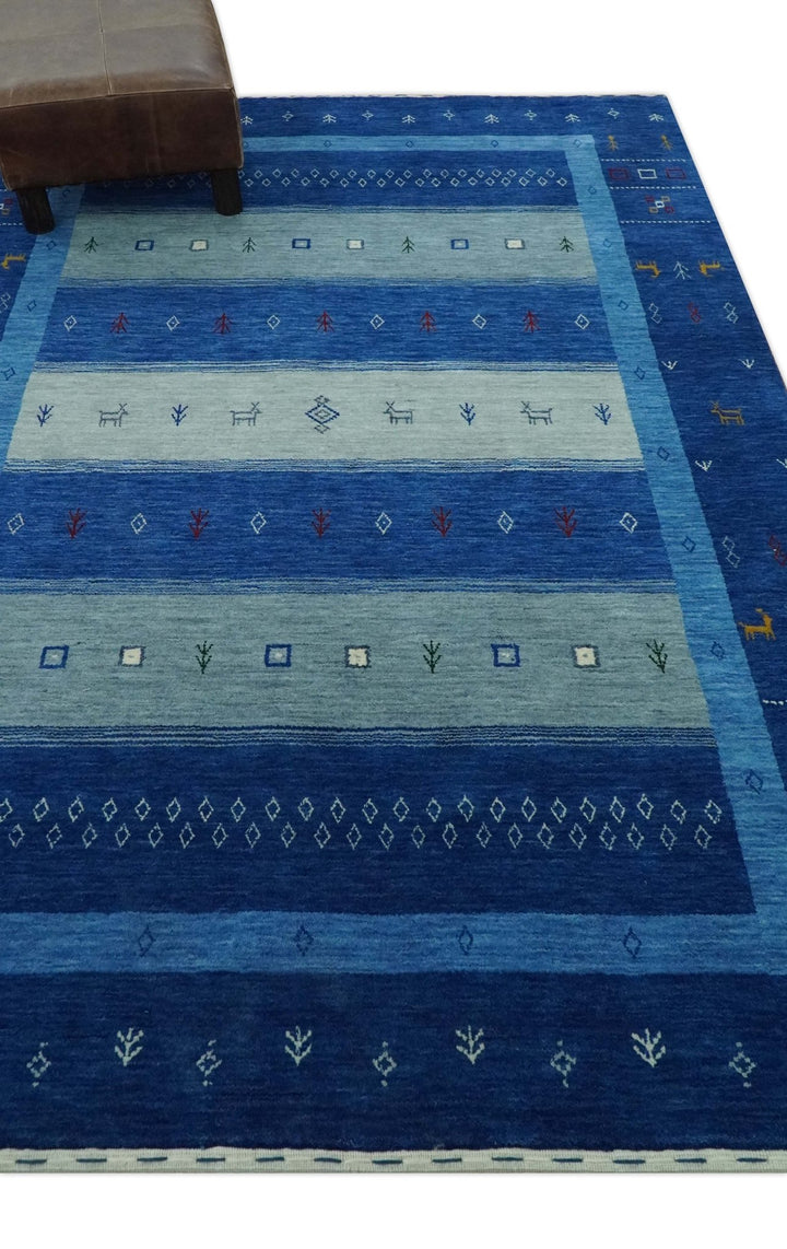 Blue, Gray and Silver Stripes design Tribal Gabbeh Traditional Custom Made Wool Area Rug - The Rug Decor