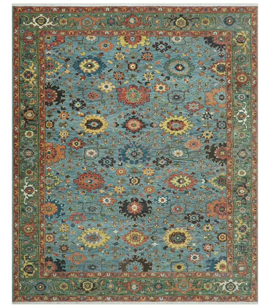Blue, Green And Rust Traditional Turkish knot fine Hand knotted Wool Area Rug - The Rug Decor