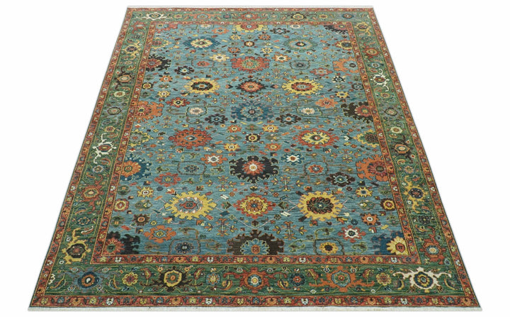 Blue, Green And Rust Traditional Turkish knot fine Hand knotted Wool Area Rug - The Rug Decor
