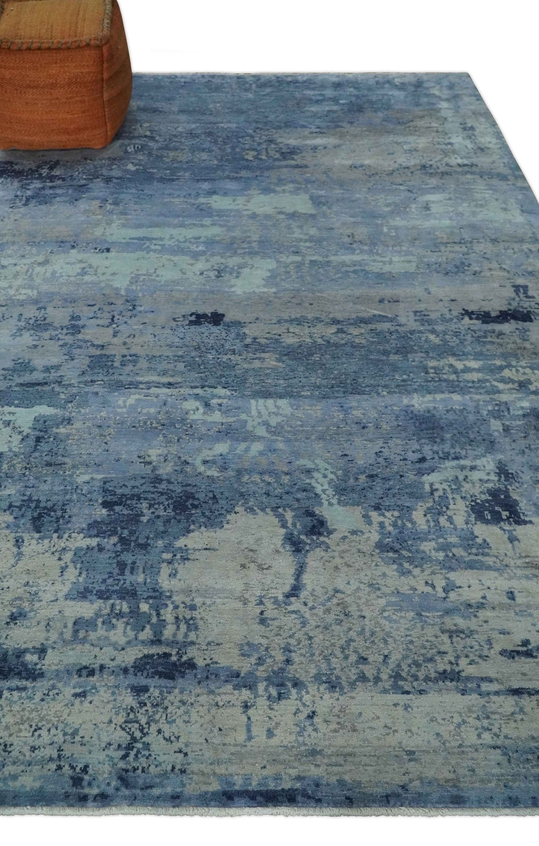 Blue, Ivory and Aqua Modern abstract Hand Knotted 8x10 wool and Bamboo Silk area Rug - The Rug Decor