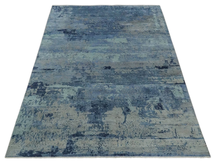 Blue, Ivory and Aqua Modern abstract Hand Knotted 8x10 wool and Bamboo Silk area Rug - The Rug Decor