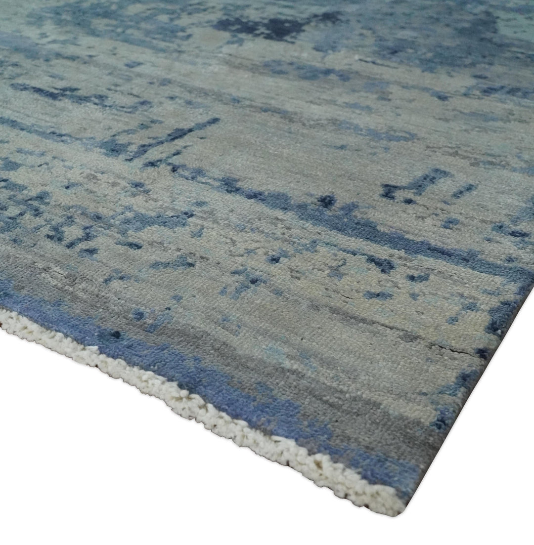Blue, Ivory and Aqua Modern abstract Hand Knotted 8x10 wool and Bamboo Silk area Rug - The Rug Decor