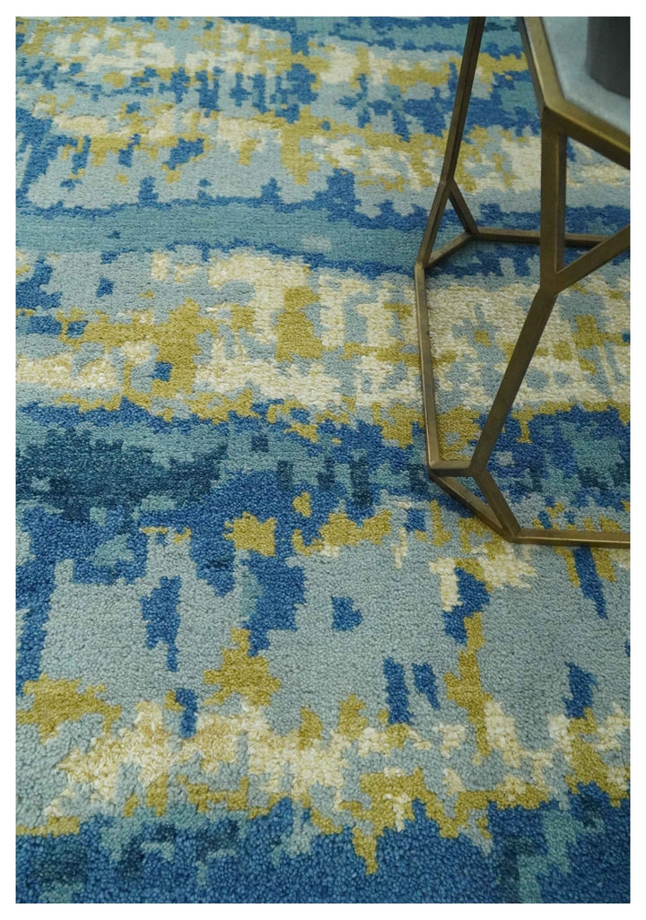 Blue, Olive and Ivory Modern abstract Hand Knotted 5x8 wool Area Rug - The Rug Decor