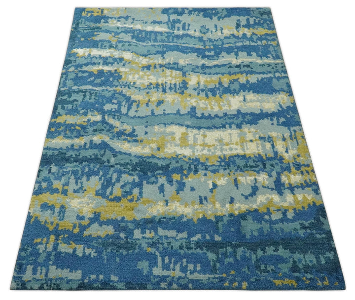 Blue, Olive and Ivory Modern abstract Hand Knotted 5x8 wool Area Rug - The Rug Decor