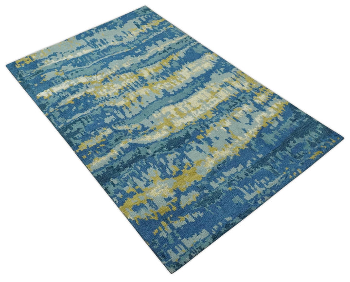 Blue, Olive and Ivory Modern abstract Hand Knotted 5x8 wool Area Rug - The Rug Decor