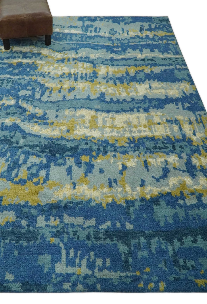 Blue, Olive and Ivory Modern abstract Hand Knotted 5x8 wool Area Rug - The Rug Decor