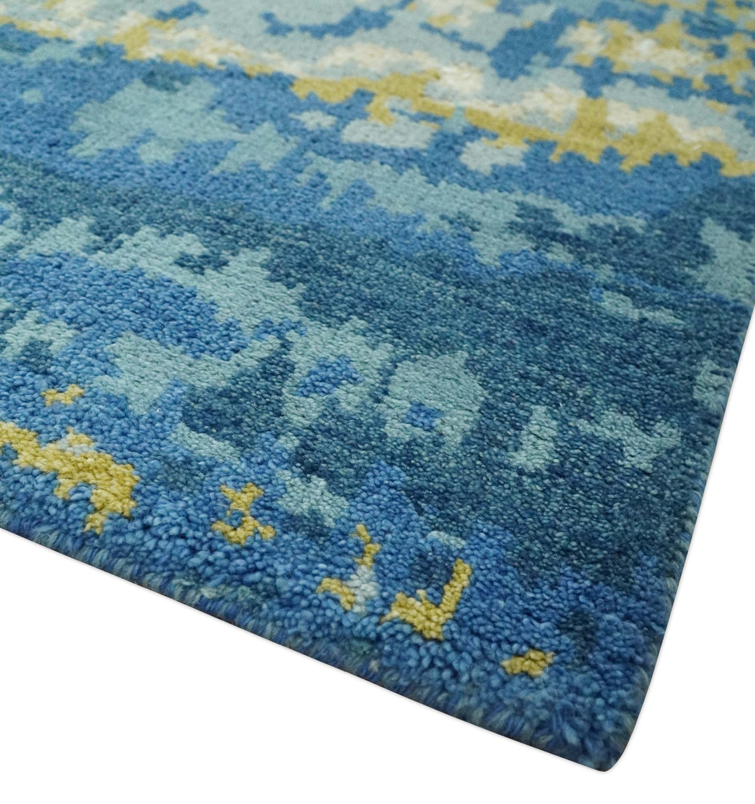 Blue, Olive and Ivory Modern abstract Hand Knotted 5x8 wool Area Rug - The Rug Decor