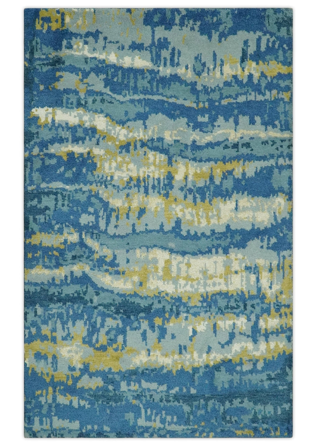 Blue, Olive and Ivory Modern abstract Hand Knotted 5x8 wool Area Rug - The Rug Decor