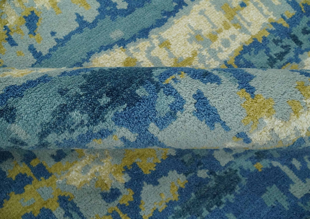 Blue, Olive and Ivory Modern abstract Hand Knotted 5x8 wool Area Rug - The Rug Decor