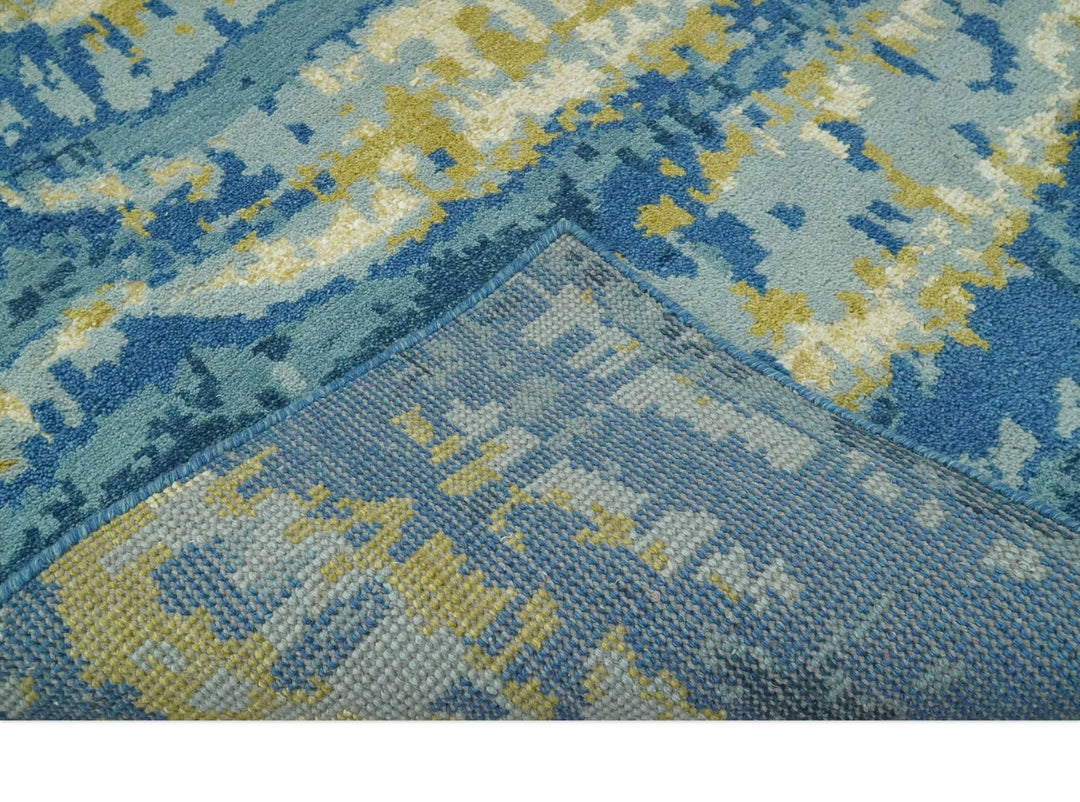 Blue, Olive and Ivory Modern abstract Hand Knotted 5x8 wool Area Rug - The Rug Decor