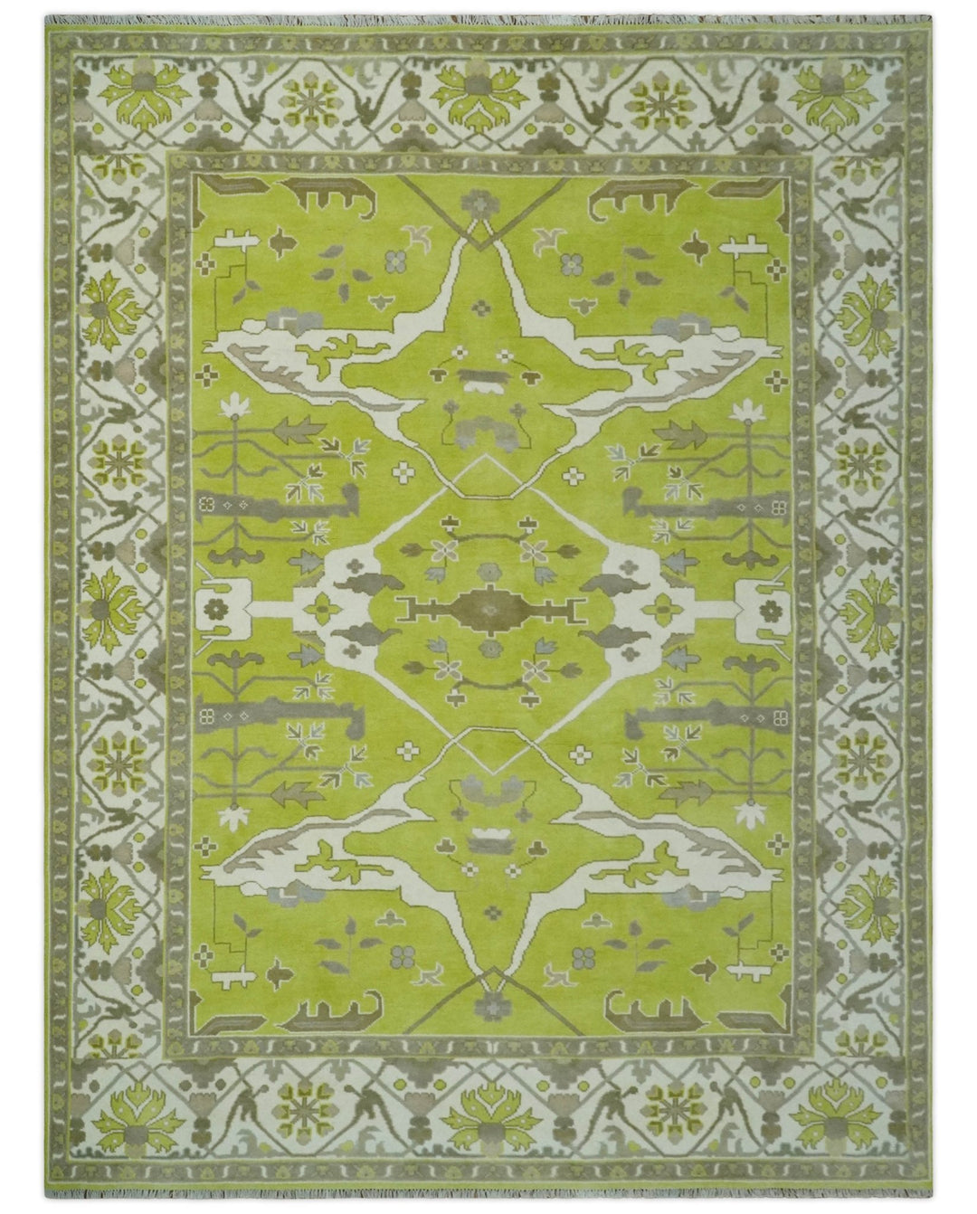 Bright Green and Ivory Hand knotted Oriental Oushak 9x12 wool Area Rug - The Rug Decor