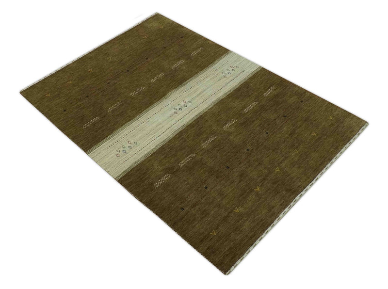 Brown and Ivory Geometrical Stripes Design Hand loom 4.6x6.6 wool Area Rug - The Rug Decor