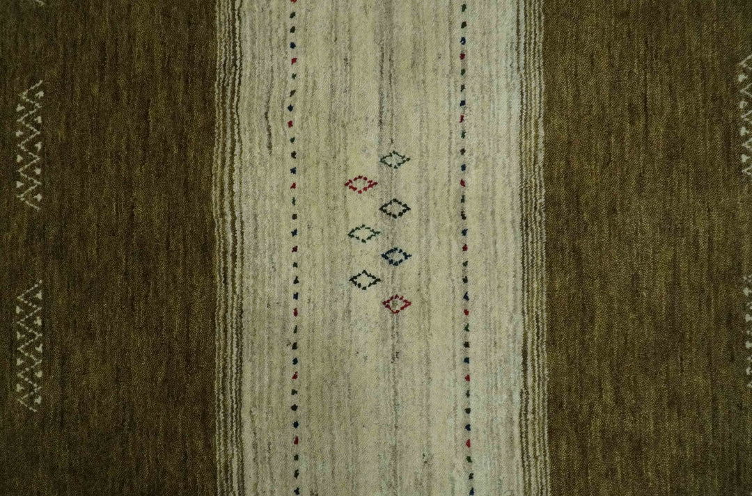 Brown and Ivory Geometrical Stripes Design Hand loom 4.6x6.6 wool Area Rug - The Rug Decor