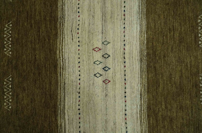 Brown and Ivory Geometrical Stripes Design Hand loom 4.6x6.6 wool Area Rug - The Rug Decor