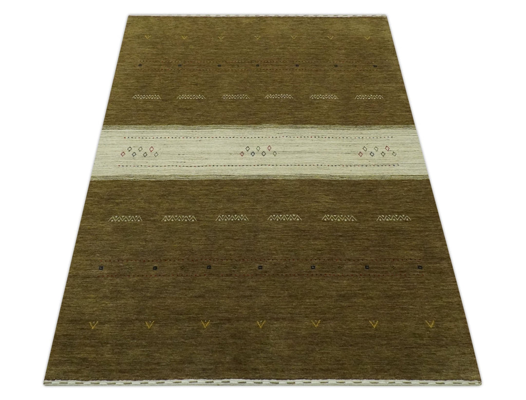 Brown and Ivory Geometrical Stripes Design Hand loom 4.6x6.6 wool Area Rug - The Rug Decor