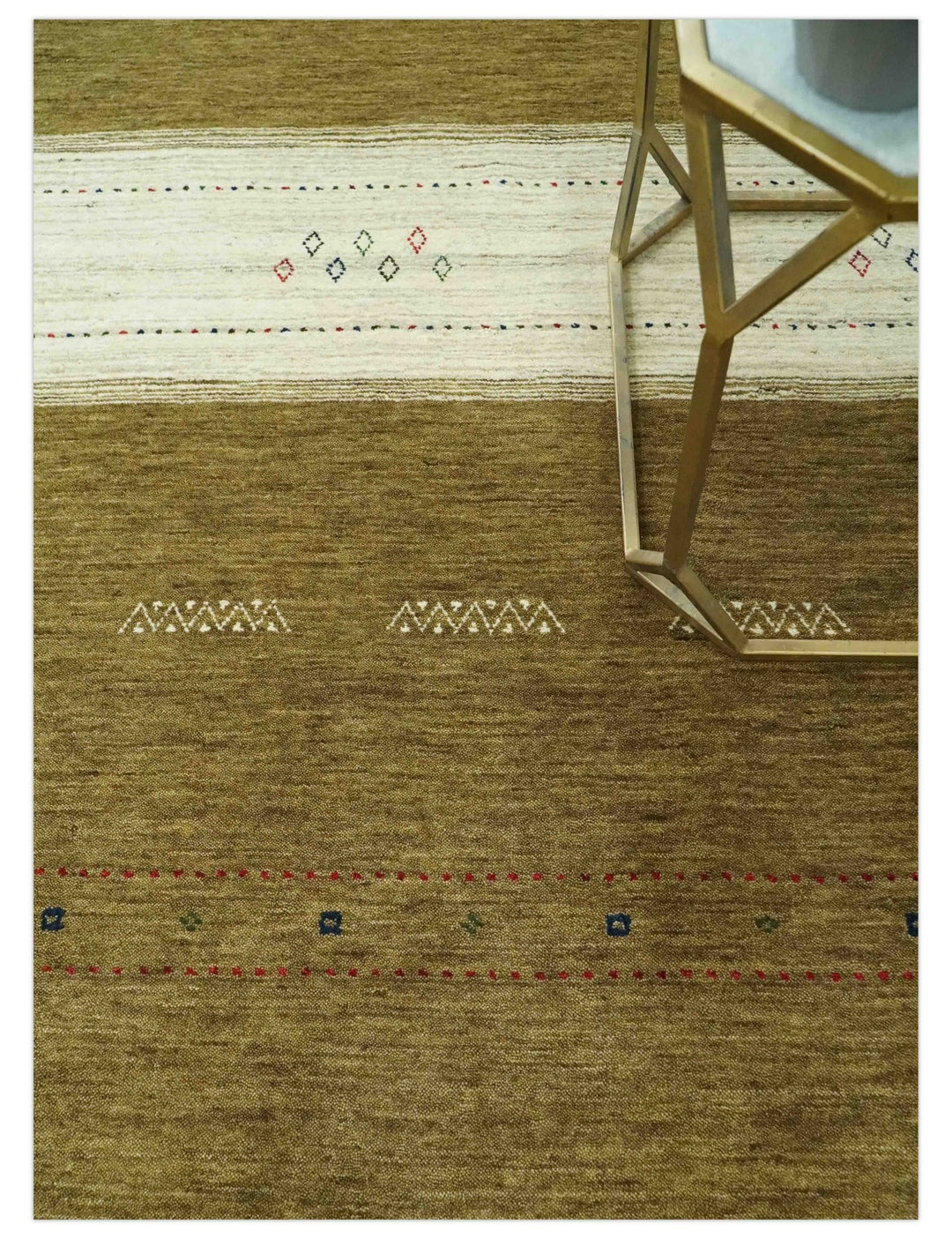 Brown and Ivory Geometrical Stripes Design Hand loom 4.6x6.6 wool Area Rug - The Rug Decor
