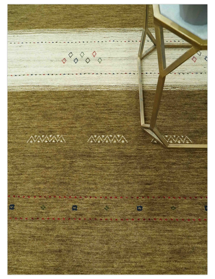Brown and Ivory Geometrical Stripes Design Hand loom 4.6x6.6 wool Area Rug - The Rug Decor