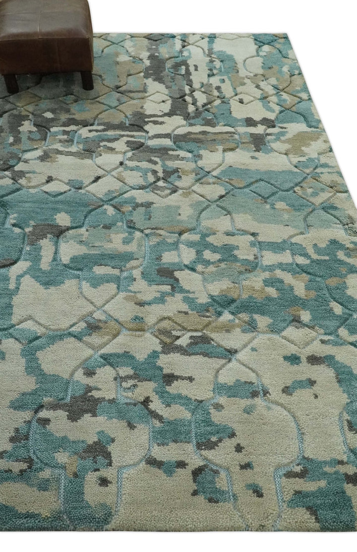 Carved Texture Ivory, Blue, Olive and Charcoal Modern Abstract 5x8 Hand Knotted wool Area Rug - The Rug Decor