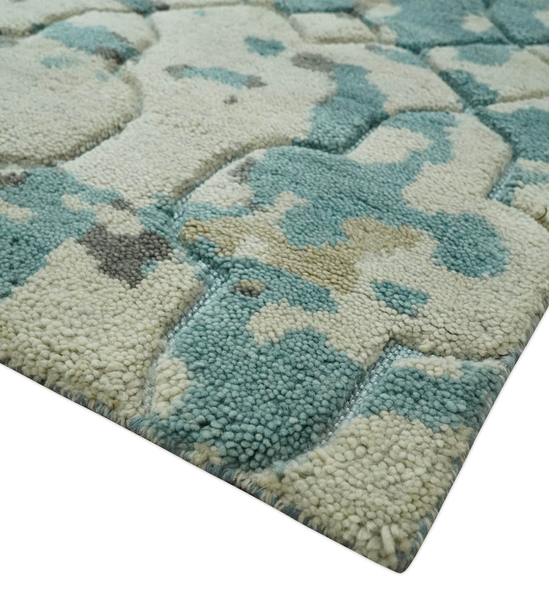Carved Texture Ivory, Blue, Olive and Charcoal Modern Abstract 5x8 Hand Knotted wool Area Rug - The Rug Decor