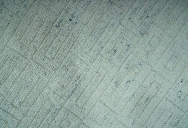 Carved Texture Modern Geometrical Design Custom Made Ivory and Light Blue Wool Area Rug - The Rug Decor