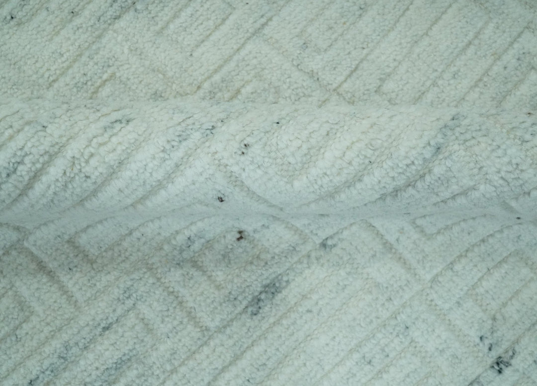 Carved Texture Modern Geometrical Design Custom Made Ivory and Light Blue Wool Area Rug - The Rug Decor