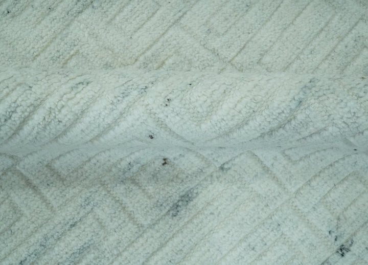 Carved Texture Modern Geometrical Design Custom Made Ivory and Light Blue Wool Area Rug - The Rug Decor
