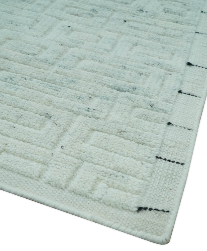 Carved Texture Modern Geometrical Design Custom Made Ivory and Light Blue Wool Area Rug - The Rug Decor